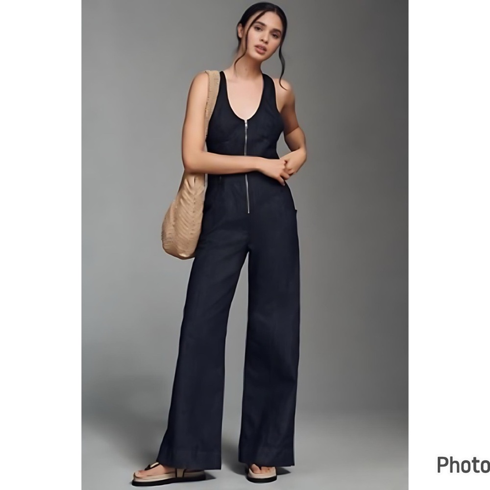 Anthropologie Maeve Sleeveless V Neck Flare‎ Denim Jumpsuit Sz 4 Dark Blue
